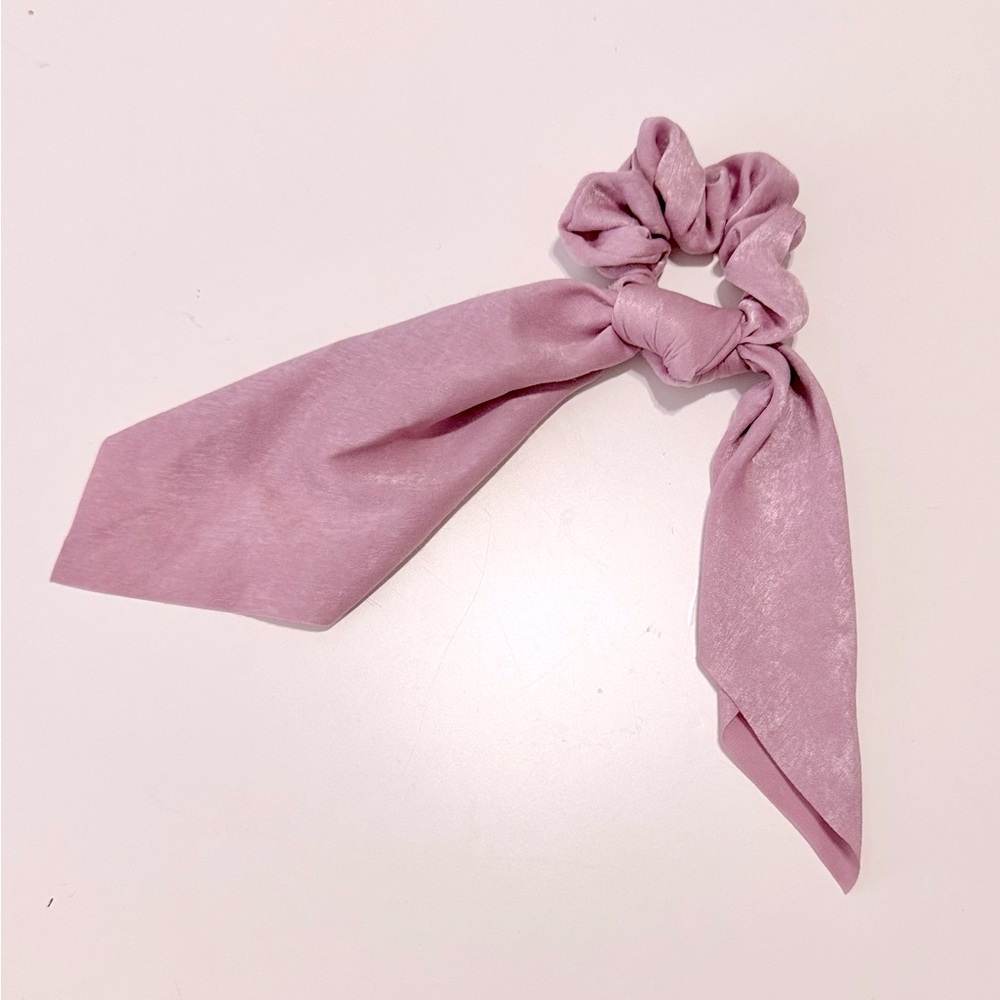 Silky Lavender Purple Pink Hair Scrunchie w Bow - Elastic Hair Band Tie